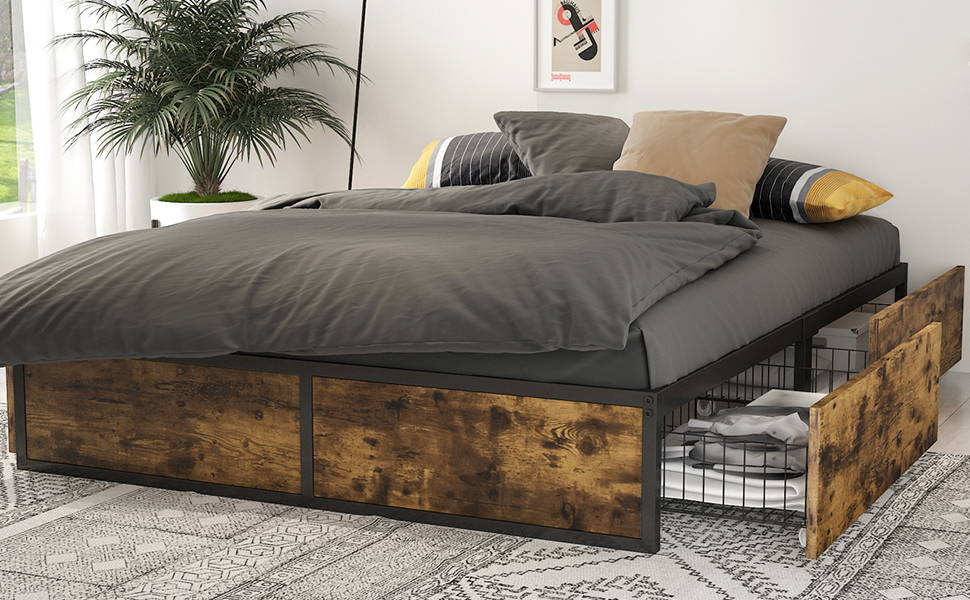 Metal Platform Bed Frame with 4 Sliding XL Storage Drawers